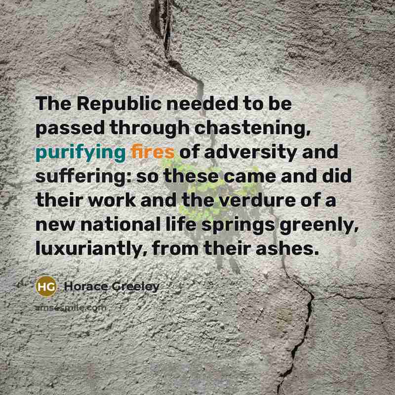“The Republic needed to be passed through chastening, purifying fires of adversity and suffering: so these came and did their work and the verdure of a new national life springs greenly, luxuriantly, from their ashes.” quote by Horace Greeley