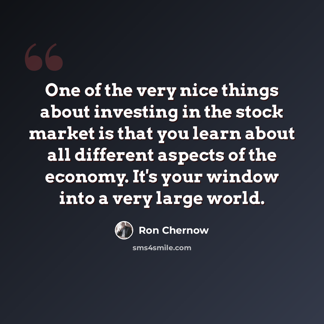 “One of the very nice things about investing in the stock market is that you learn about all different aspects of the economy. It's your window into a very large world.” quote by Ron Chernow