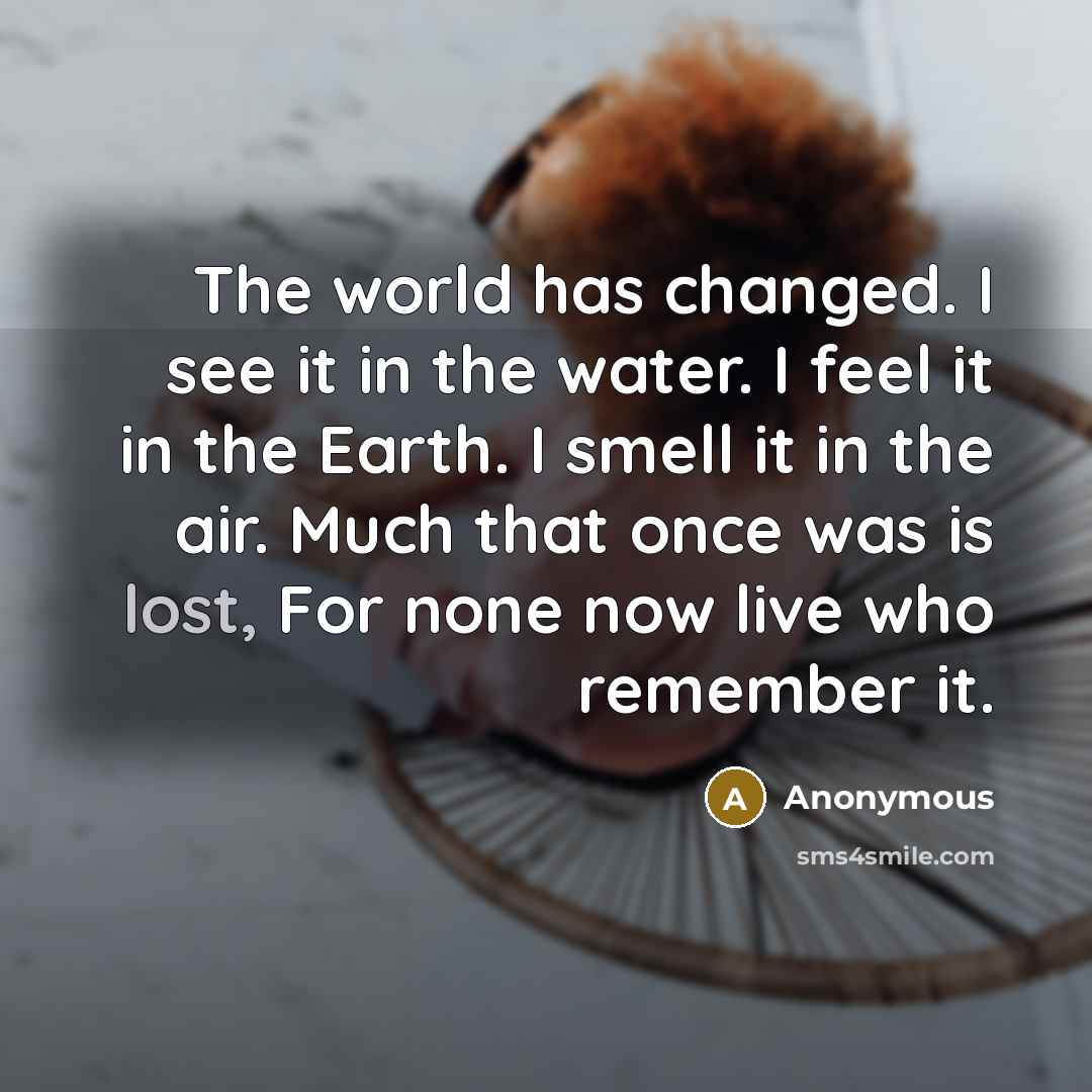 “The world has changed. I see it in the water. I feel it in the Earth. I smell it in the air. Much that once was is lost, For none now live who remember it.” quote by Anonymous