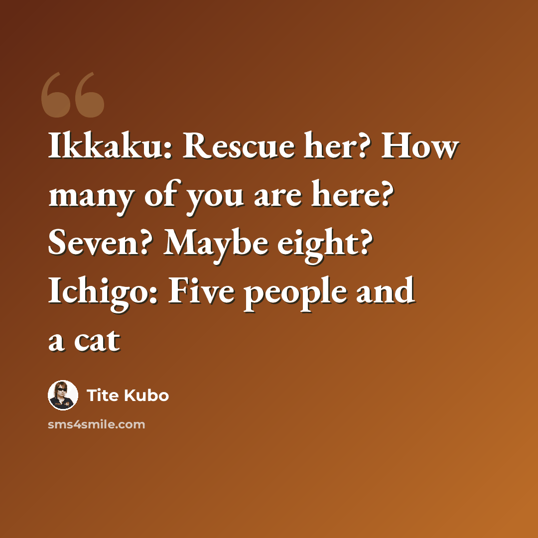 “Ikkaku: Rescue her? How many of you are here? Seven? Maybe eight? Ichigo: Five people and a cat” quote by Tite Kubo