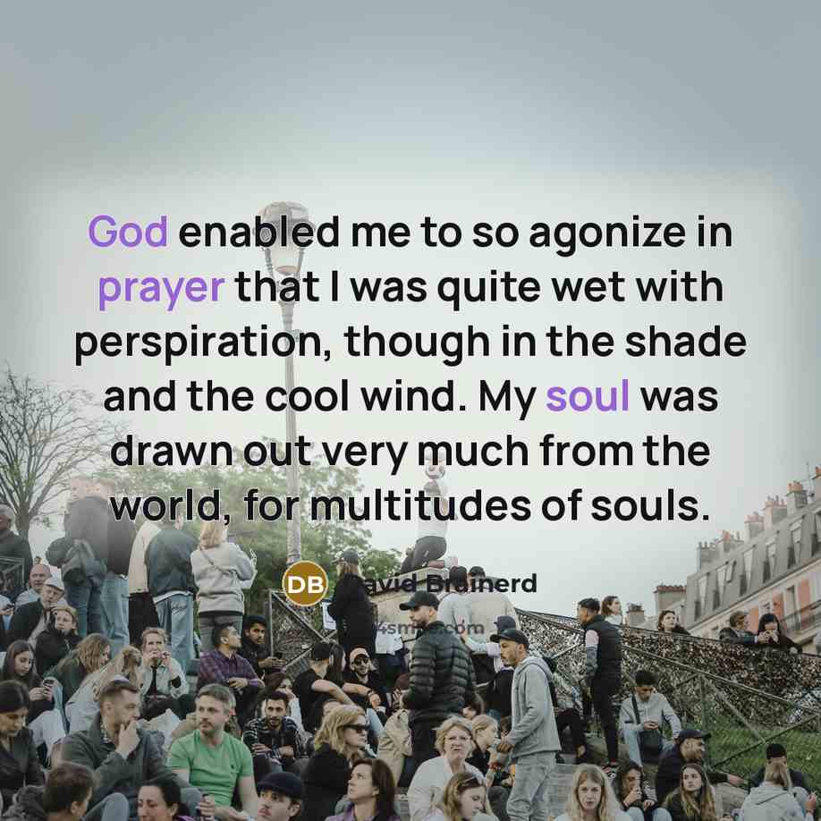 “God enabled me to so agonize in prayer that I was quite wet with perspiration, though in the shade and the cool wind. My soul was drawn out very much from the world, for multitudes of souls.” quote by David Brainerd