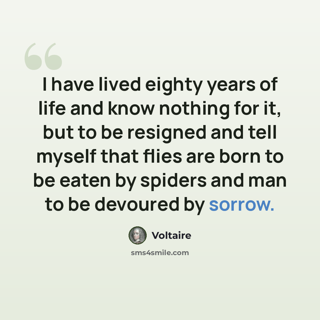 “I have lived eighty years of life and know nothing for it, but to be resigned and tell myself that flies are born to be eaten by spiders and man to be devoured by sorrow.” quote by Voltaire