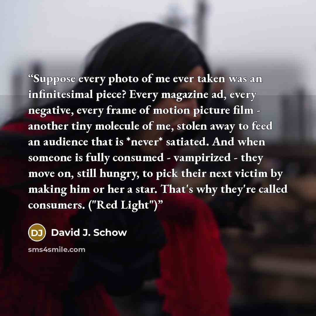 “Suppose every photo of me ever taken was an infinitesimal piece? Every magazine ad, every negative, every frame of motion picture film - another tiny molecule of me, stolen away to feed an audience that is *never* satiated. And when someone is fully consumed - vampirized - they move on, still…” quote by David J. Schow