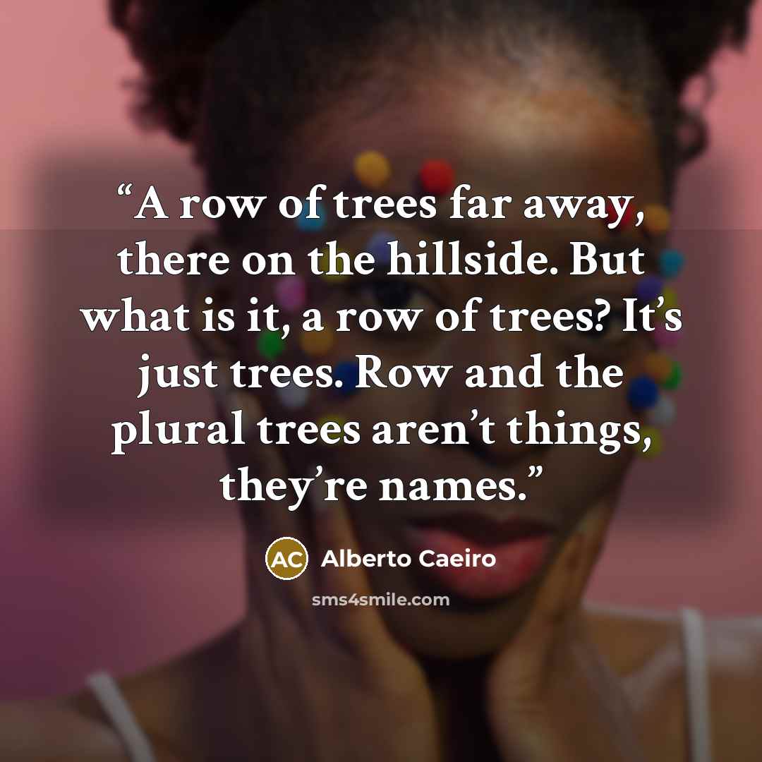 “A row of trees far away, there on the hillside. But what is it, a row of trees? It’s just trees. Row and the plural trees aren’t things, they’re names.” quote by Alberto Caeiro