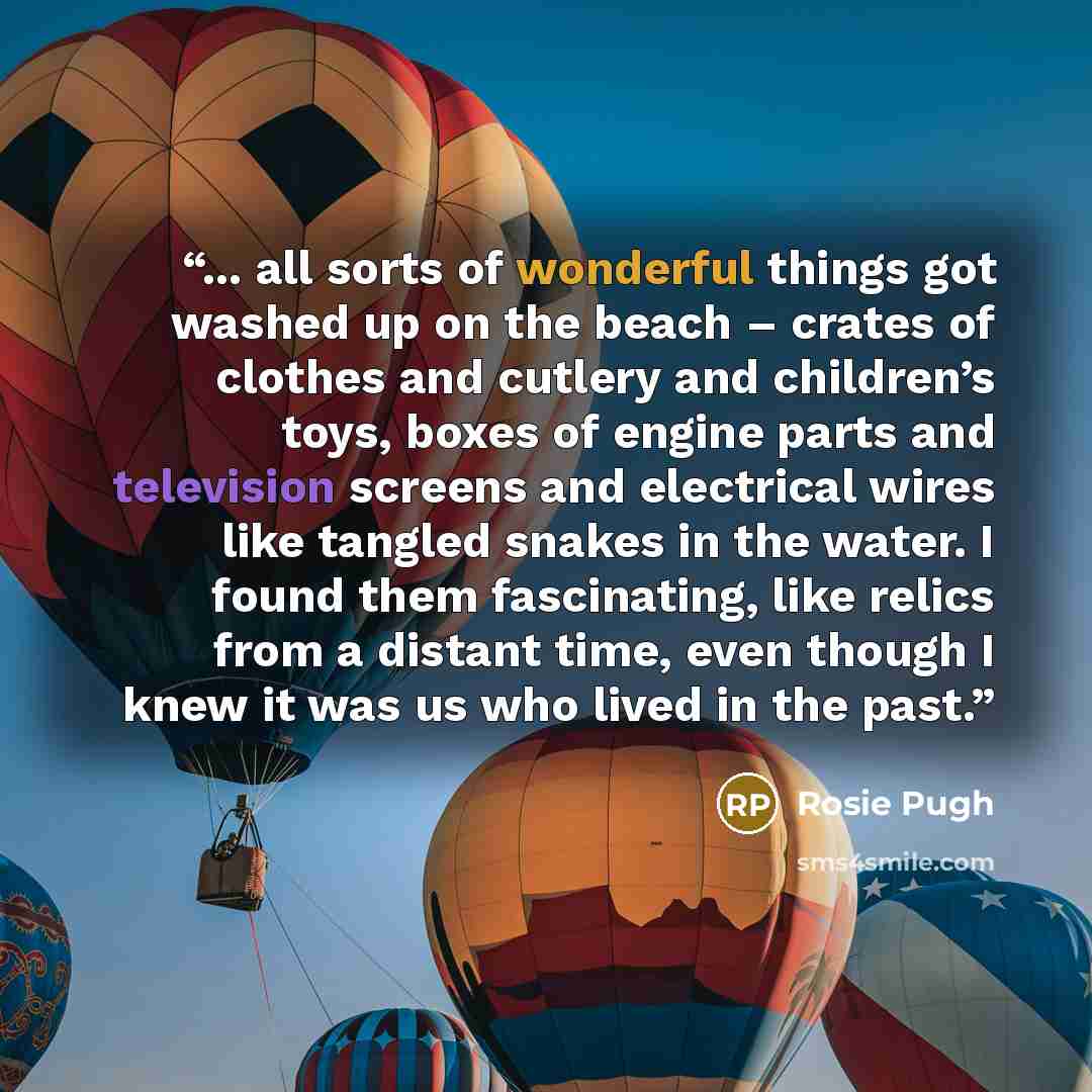“... all sorts of wonderful things got washed up on the beach – crates of clothes and cutlery and children’s toys, boxes of engine parts and television screens and electrical wires like tangled snakes in the water. I found them fascinating, like relics from a distant time, even though I knew it was…” quote by Rosie Pugh