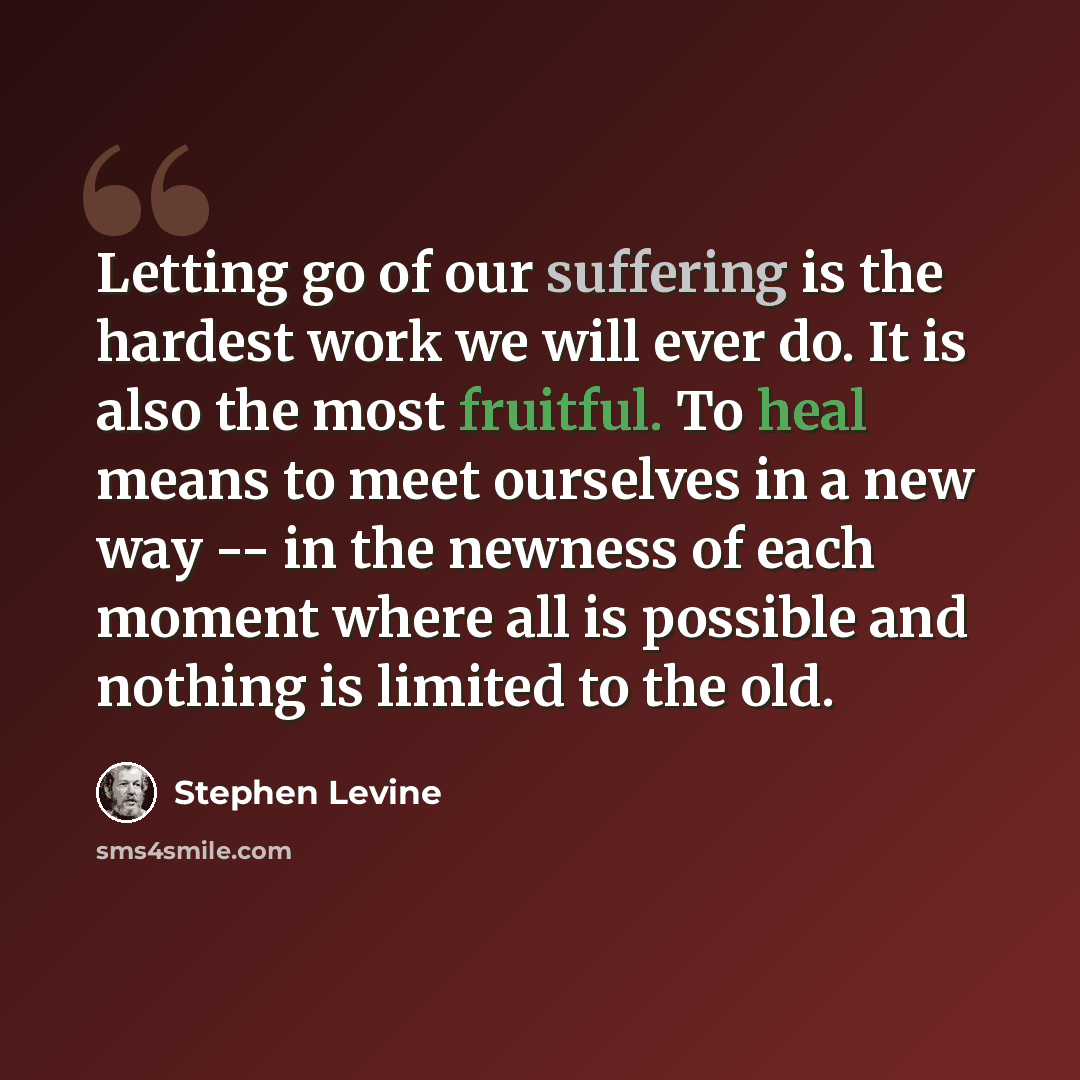 “Letting go of our suffering is the hardest work we will ever do. It is also the most fruitful. To heal means to meet ourselves in a new way -- in the newness of each moment where all is possible and nothing is limited to the old.” quote by Stephen Levine