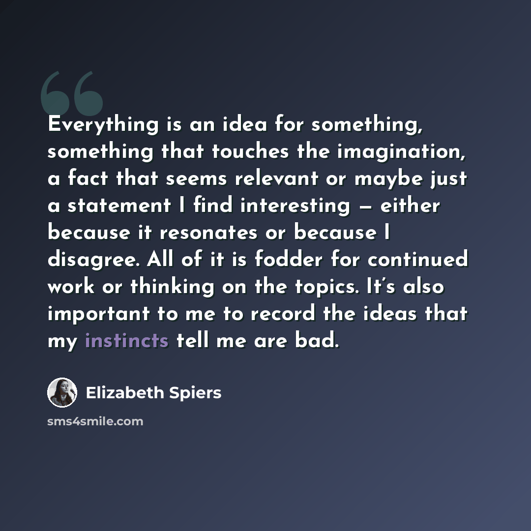 “Everything is an idea for something, something that touches the imagination, a fact that seems relevant or maybe just a statement I find interesting — either because it resonates or because I disagree. All of it is fodder for continued work or thinking on the topics. It’s also important to me to…” quote by Elizabeth Spiers