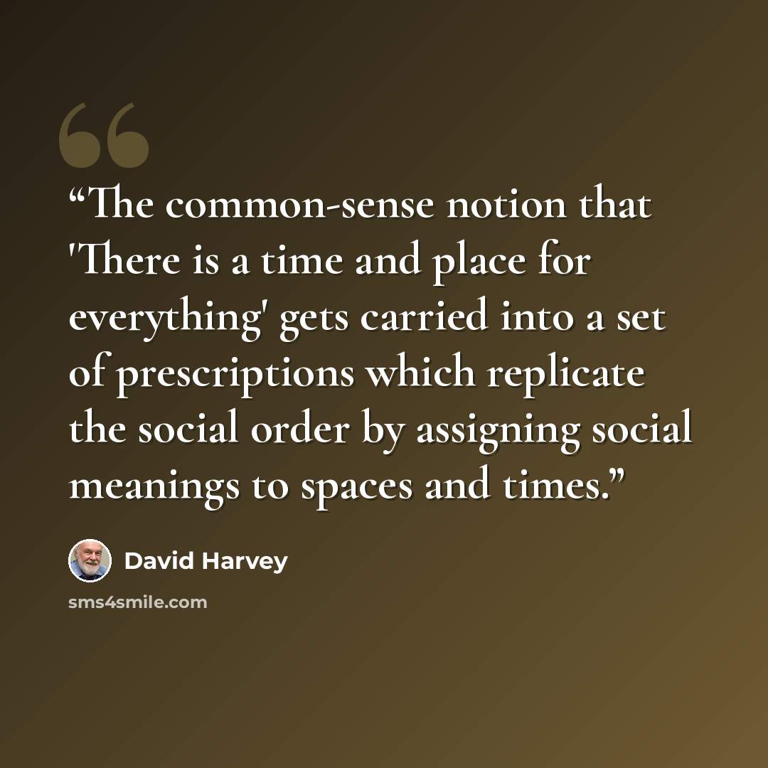 “The common-sense notion that 'There is a time and place for everything' gets carried into a set of prescriptions which replicate the social order by assigning social meanings to spaces and times.” quote by David Harvey