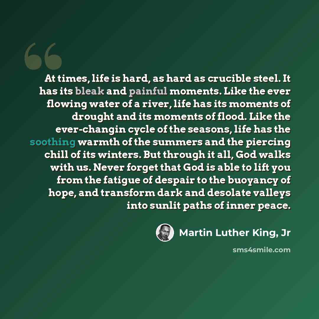 “At times, life is hard, as hard as crucible steel. It has its bleak and painful moments. Like the ever flowing water of a river, life has its moments of drought and its moments of flood. Like the ever-changin cycle of the seasons, life has the soothing warmth of the summers and the piercing chill…” quote by Martin Luther King, Jr