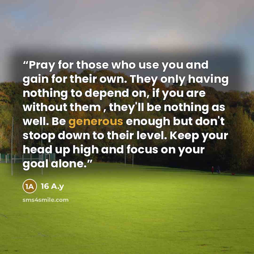 “Pray for those who use you and gain for their own. They only having nothing to depend on, if you are without them , they'll be nothing as well. Be generous enough but don't stoop down to their level. Keep your head up high and focus on your goal alone.” quote by 16 A.y