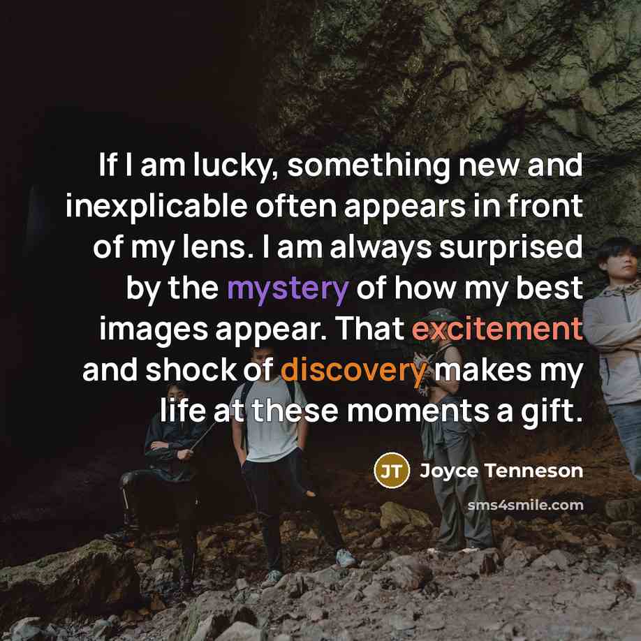 “If I am lucky, something new and inexplicable often appears in front of my lens. I am always surprised by the mystery of how my best images appear. That excitement and shock of discovery makes my life at these moments a gift.” quote by Joyce Tenneson
