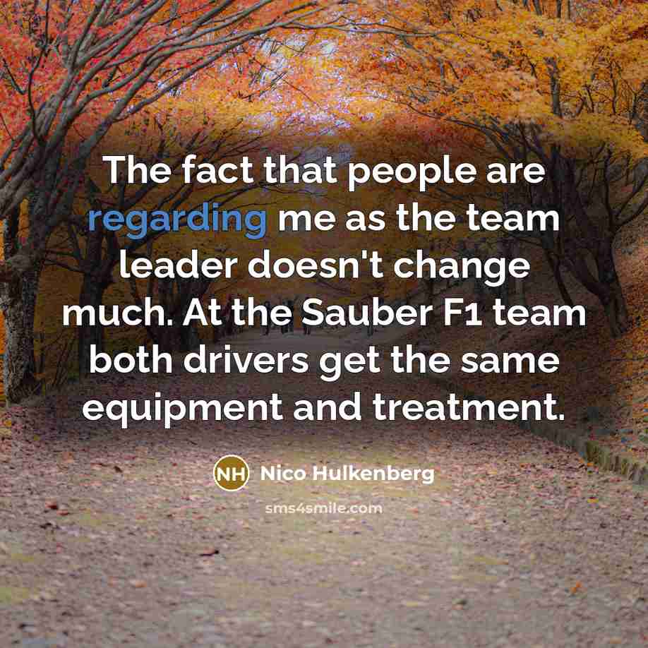 “The fact that people are regarding me as the team leader doesn't change much. At the Sauber F1 team both drivers get the same equipment and treatment.” quote by Nico Hulkenberg
