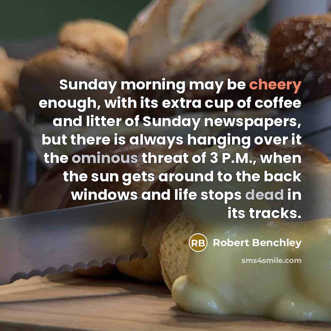 “Sunday morning may be cheery enough, with its extra cup of coffee and litter of Sunday newspapers, but there is always hanging over it the ominous threat of 3 P.M., when the sun gets around to the back windows and life stops dead in its tracks.” quote by Robert Benchley