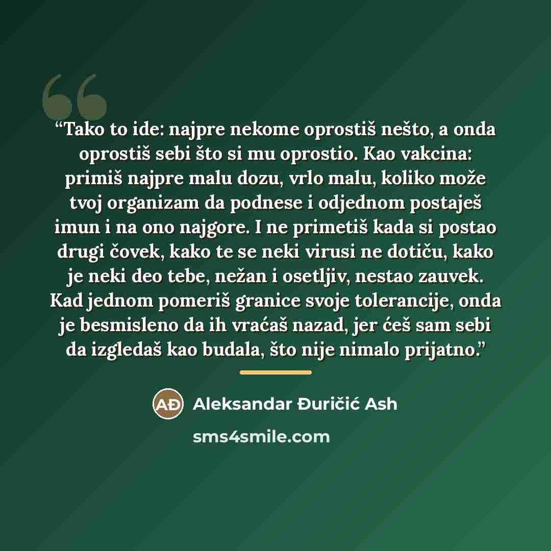 “Tako to ide: najpre nekome oprostiš nešto, a onda oprostiš sebi što si mu oprostio. Kao vakcina: primiš najpre malu dozu, vrlo malu, koliko može tvoj organizam da podnese i odjednom postaješ imun i na ono najgore. I ne primetiš kada si postao drugi čovek, kako te se neki virusi ne dotiču, kako je…” quote by Aleksandar Đuričić Ash