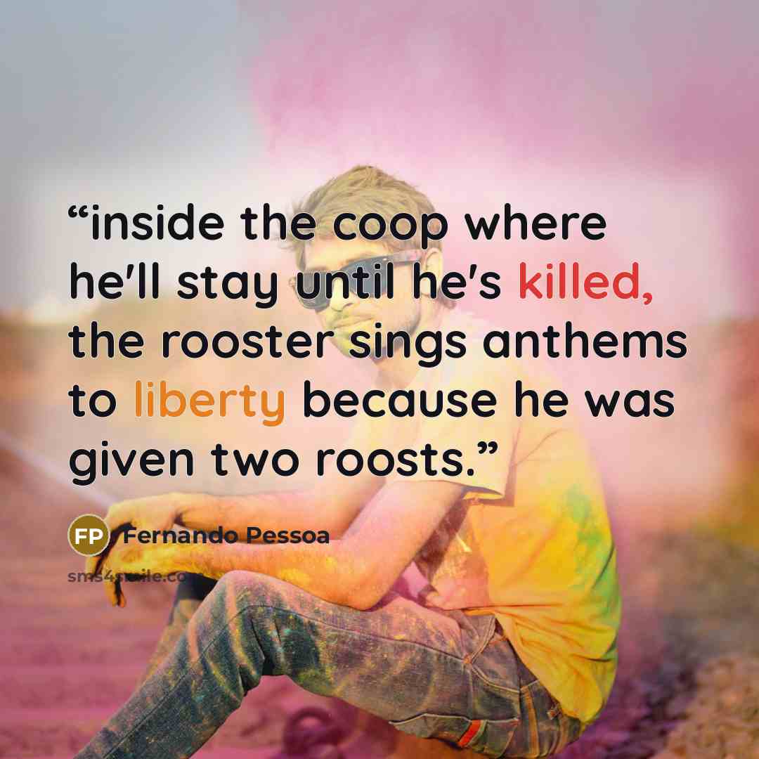 “inside the coop where he'll stay until he's killed, the rooster sings anthems to liberty because he was given two roosts.” quote by Fernando Pessoa