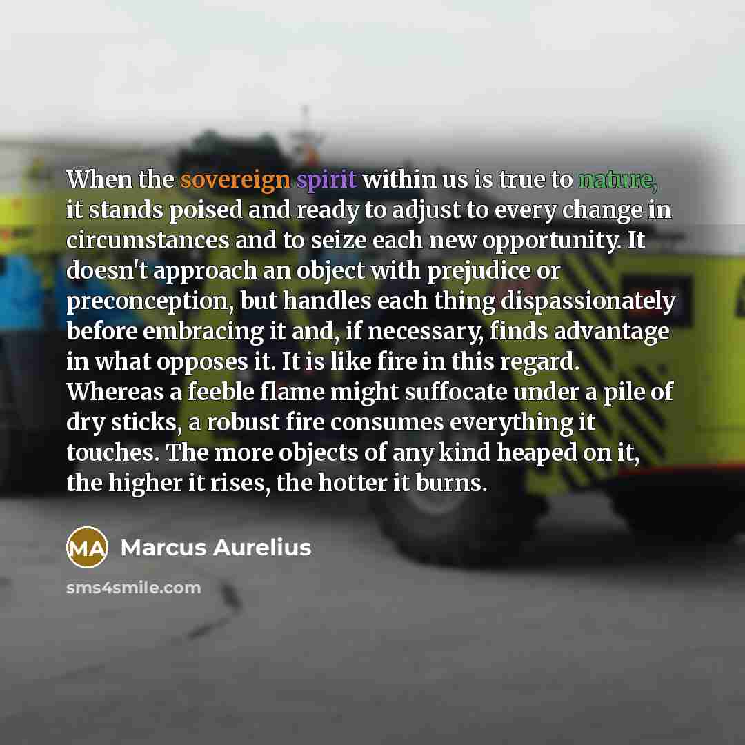 “When the sovereign spirit within us is true to nature, it stands poised and ready to adjust to every change in circumstances and to seize each new opportunity. It doesn't approach an object with prejudice or preconception, but handles each thing dispassionately before embracing it and, if…” quote by Marcus Aurelius