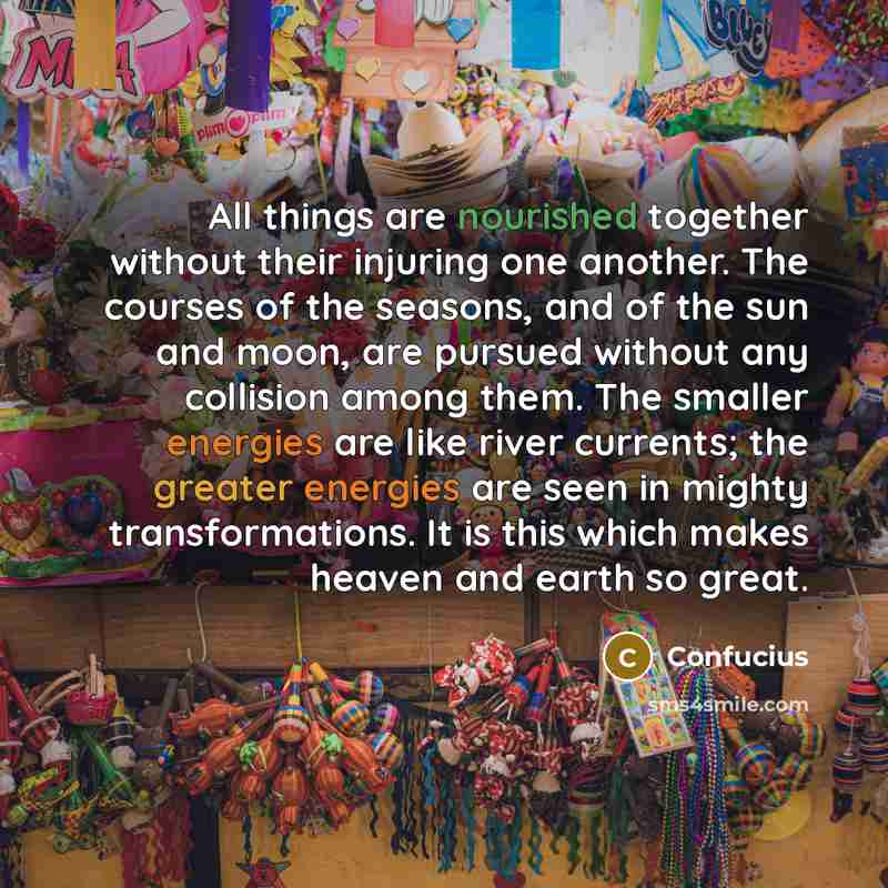 “All things are nourished together without their injuring one another. The courses of the seasons, and of the sun and moon, are pursued without any collision among them. The smaller energies are like river currents; the greater energies are seen in mighty transformations. It is this which makes…” quote by Confucius