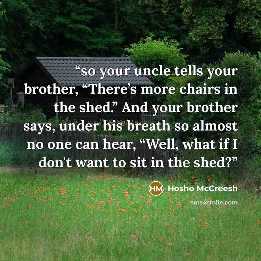 “so your uncle tells your brother, “There’s more chairs in the shed.” And your brother says, under his breath so almost no one can hear, “Well, what if I don't want to sit in the shed?” quote by Hosho McCreesh