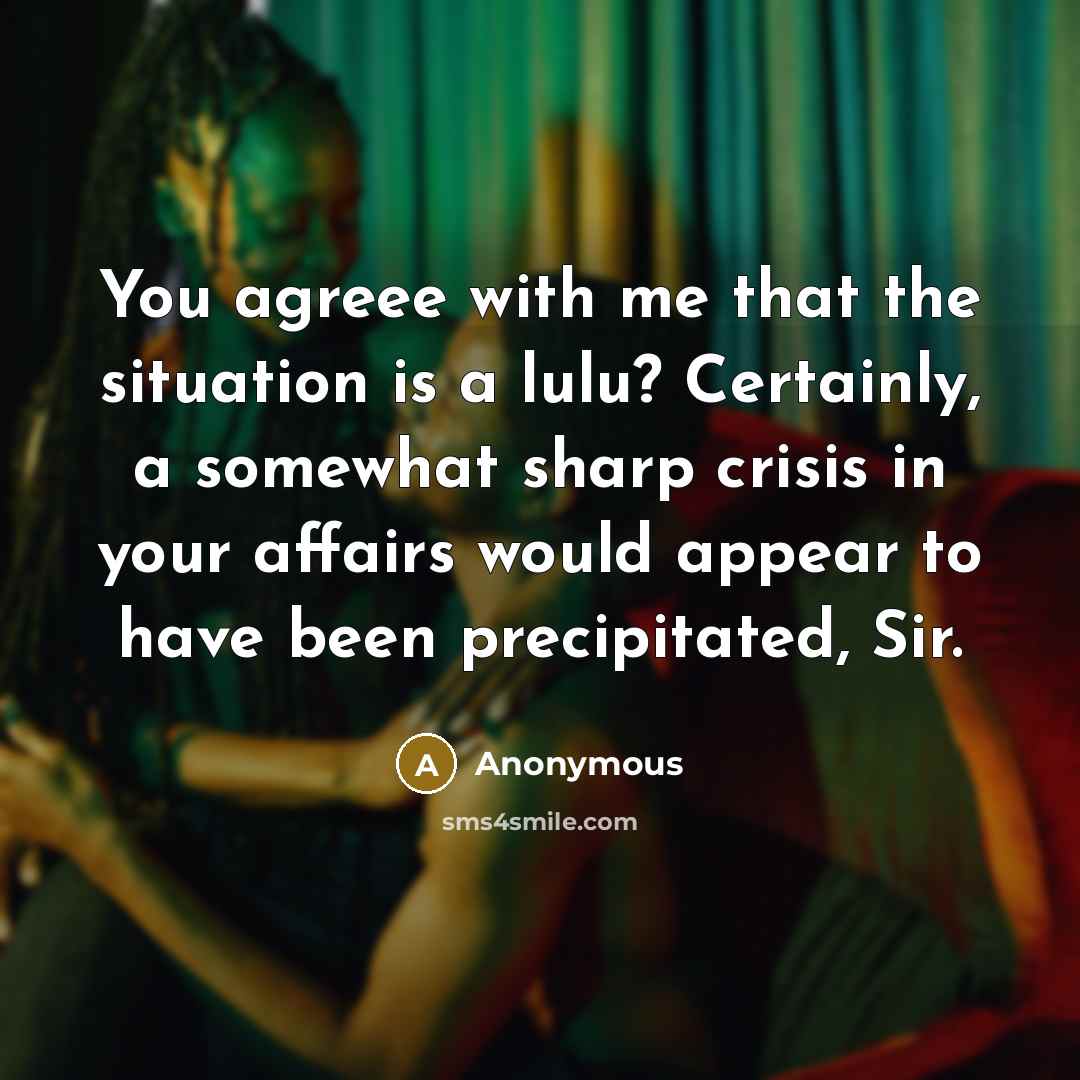 “You agreee with me that the situation is a lulu? Certainly, a somewhat sharp crisis in your affairs would appear to have been precipitated, Sir.” quote by Anonymous