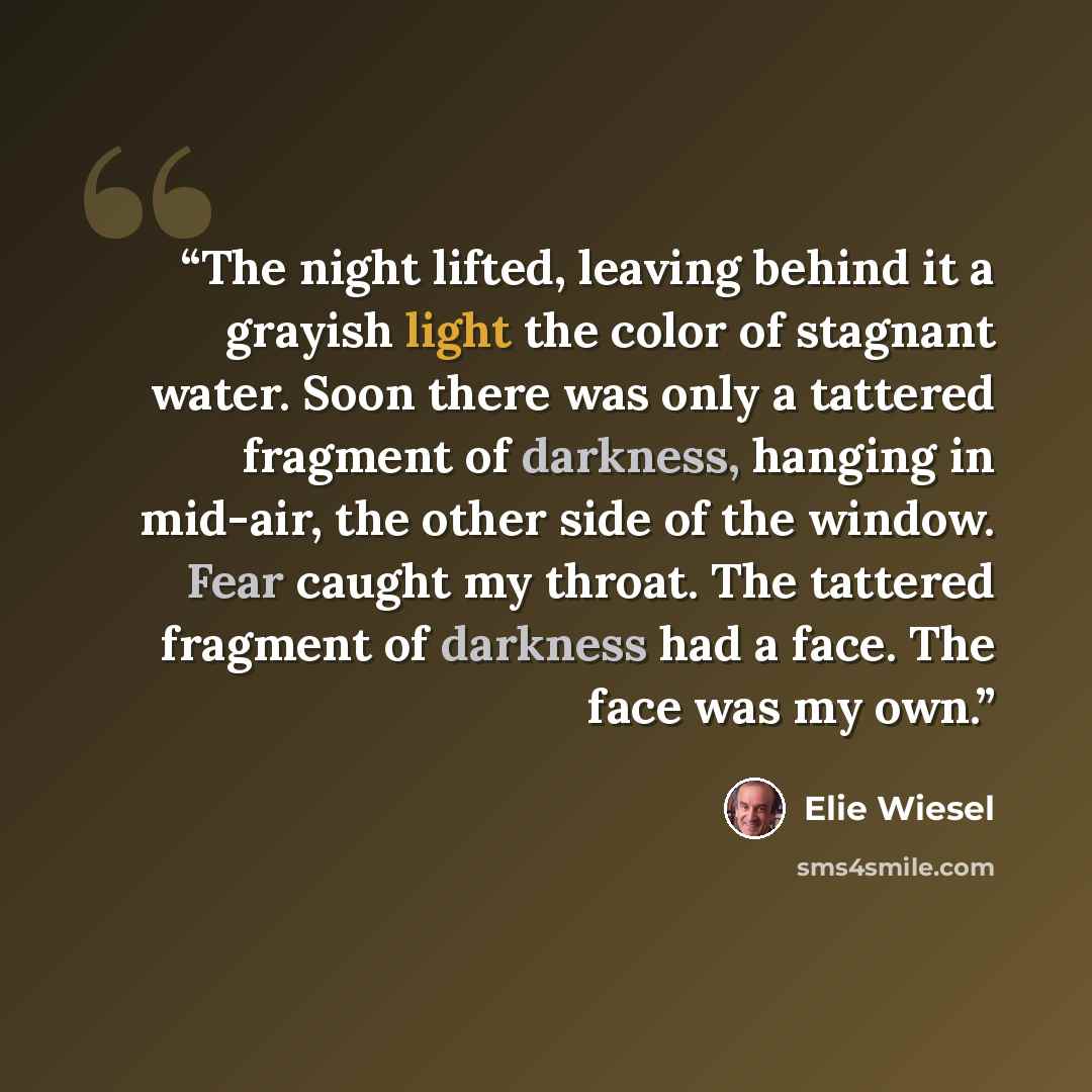 “The night lifted, leaving behind it a grayish light the color of stagnant water. Soon there was only a tattered fragment of darkness, hanging in mid-air, the other side of the window. Fear caught my throat. The tattered fragment of darkness had a face. The face was my own.” quote by Elie Wiesel
