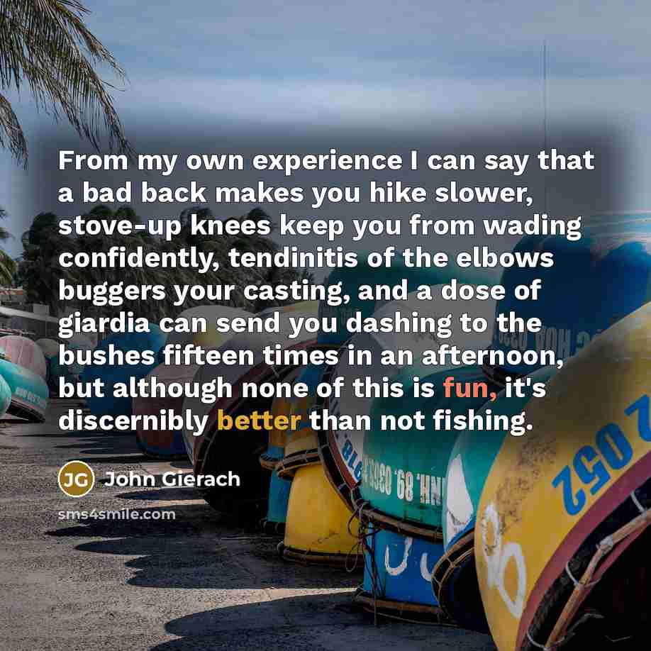 “From my own experience I can say that a bad back makes you hike slower, stove-up knees keep you from wading confidently, tendinitis of the elbows buggers your casting, and a dose of giardia can send you dashing to the bushes fifteen times in an afternoon, but although none of this is fun, it's…” quote by John Gierach