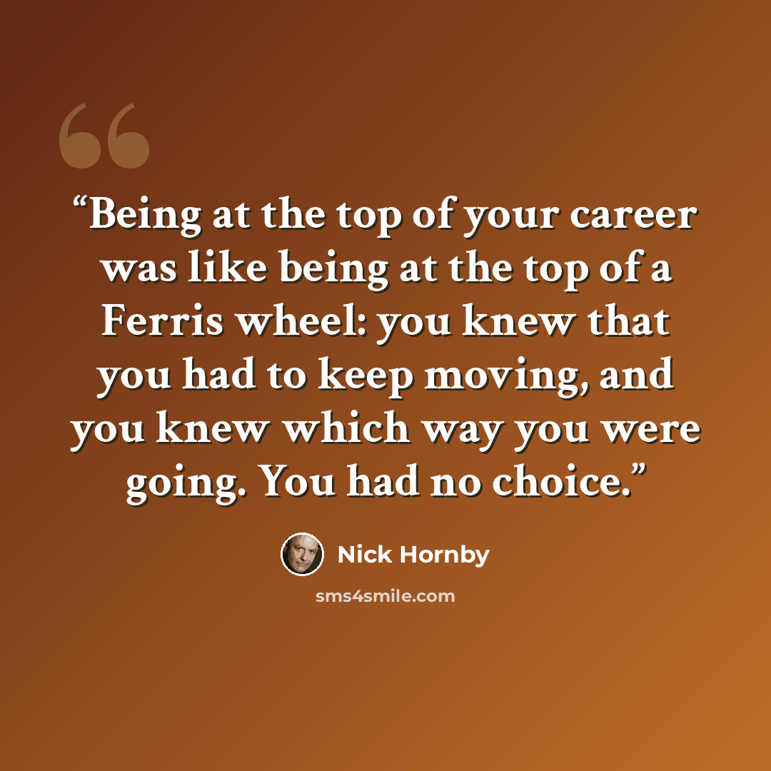 “Being at the top of your career was like being at the top of a Ferris wheel: you knew that you had to keep moving, and you knew which way you were going. You had no choice.” quote by Nick Hornby