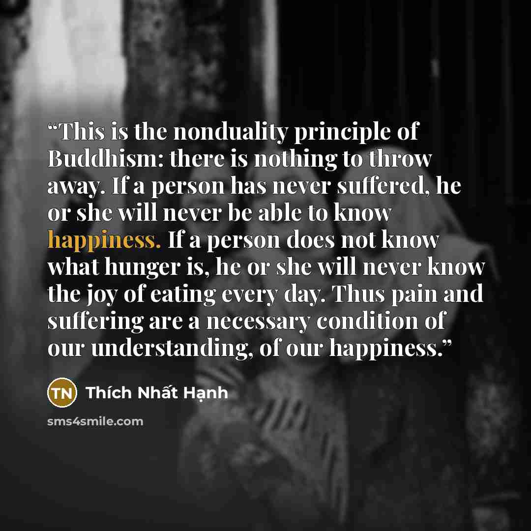 “This is the nonduality principle of Buddhism: there is nothing to throw away. If a person has never suffered, he or she will never be able to know happiness. If a person does not know what hunger is, he or she will never know the joy of eating every day. Thus pain and suffering are a necessary…” quote by Thích Nhất Hạnh