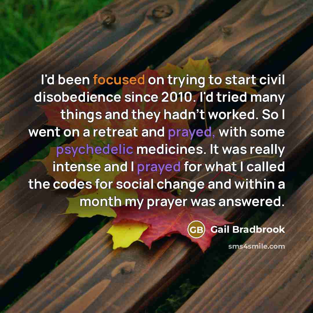 “I'd been focused on trying to start civil disobedience since 2010. I'd tried many things and they hadn't worked. So I went on a retreat and prayed, with some psychedelic medicines. It was really intense and I prayed for what I called the codes for social change and within a month my prayer was…” quote by Gail Bradbrook