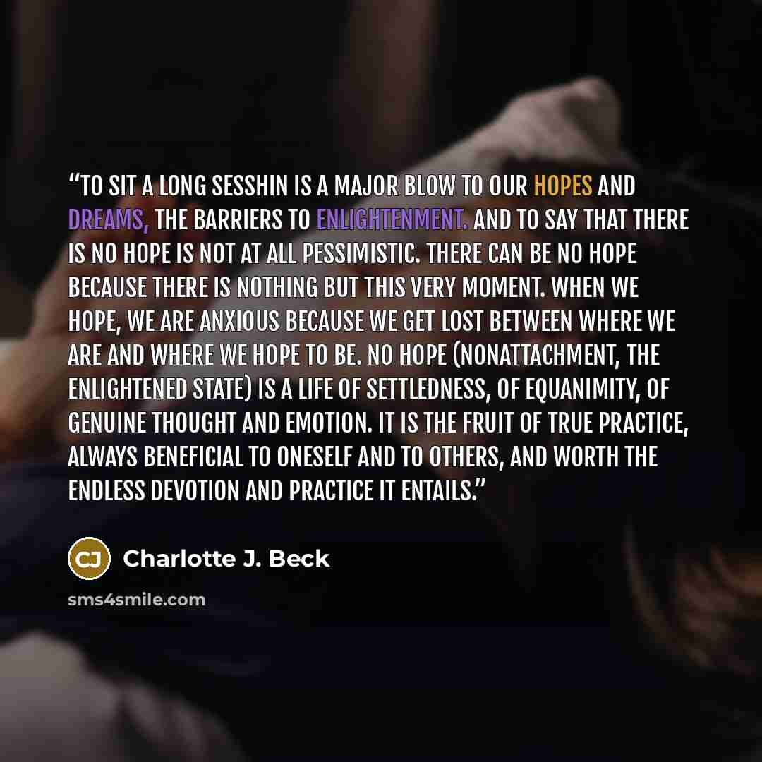 “To sit a long sesshin is a major blow to our hopes and dreams, the barriers to enlightenment. And to say that there is no hope is not at all pessimistic. There can be no hope because there is nothing but this very moment. When we hope, we are anxious because we get lost between where we are and…” quote by Charlotte J. Beck