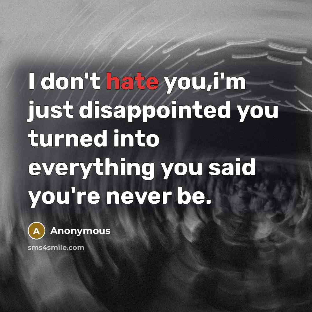 “I don't hate you,i'm just disappointed you turned into everything you said you're never be.” quote by Anonymous