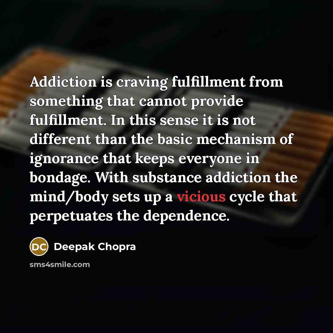 “Addiction is craving fulfillment from something that cannot provide fulfillment. In this sense it is not different than the basic mechanism of ignorance that keeps everyone in bondage. With substance addiction the mind/body sets up a vicious cycle that perpetuates the dependence.” quote by Deepak Chopra