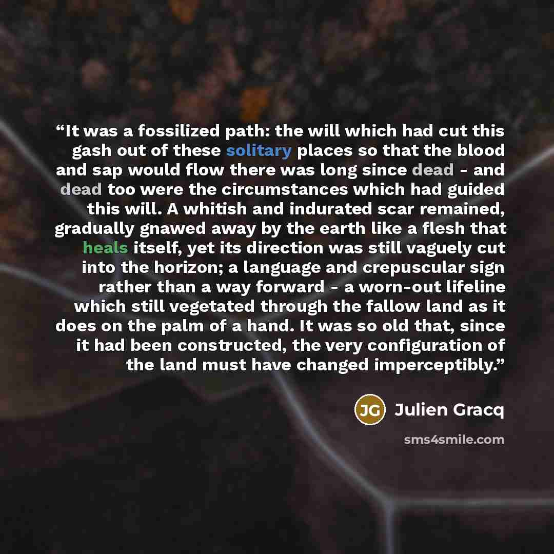 “It was a fossilized path: the will which had cut this gash out of these solitary places so that the blood and sap would flow there was long since dead - and dead too were the circumstances which had guided this will. A whitish and indurated scar remained, gradually gnawed away by the earth like a…” quote by Julien Gracq