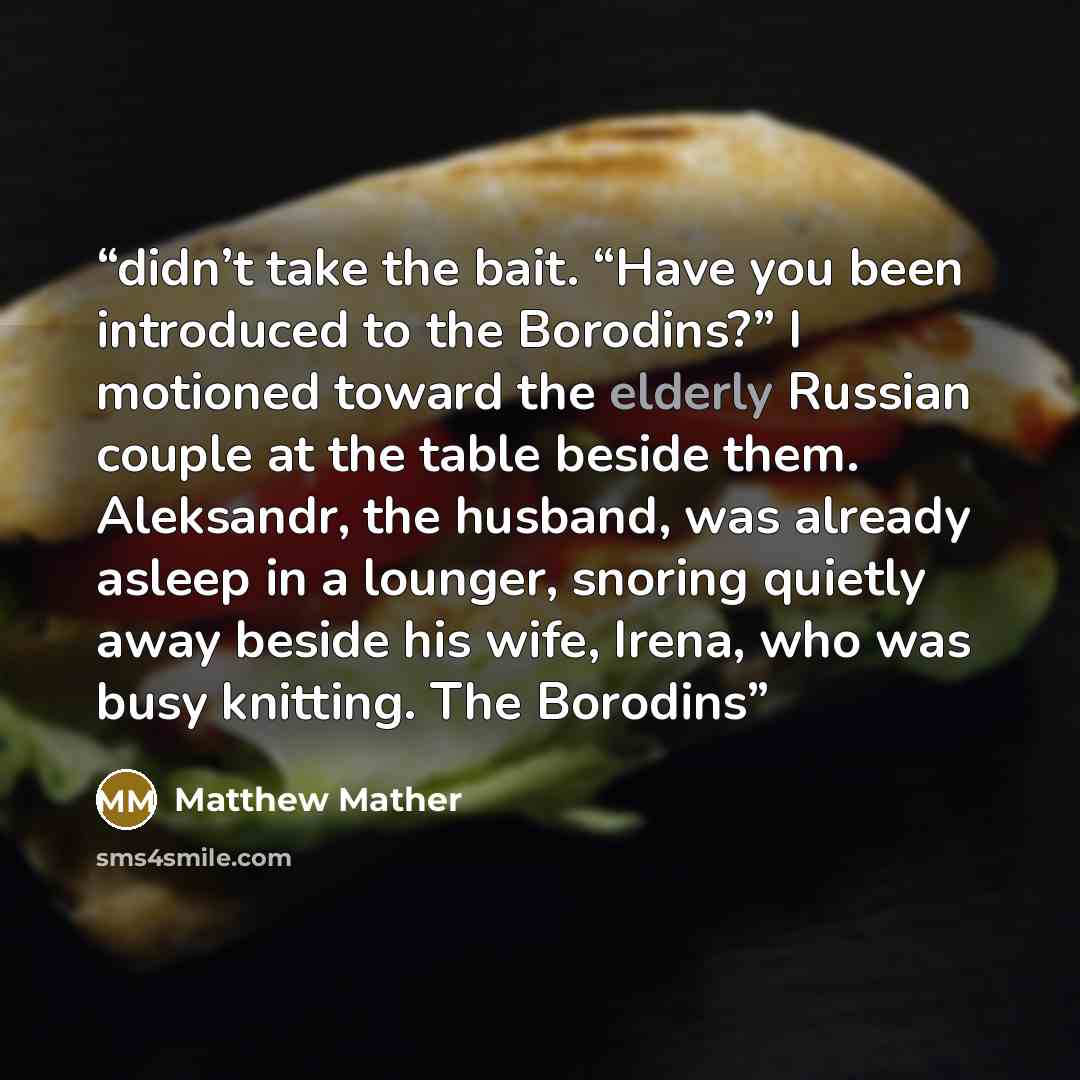 “didn’t take the bait. “Have you been introduced to the Borodins?” I motioned toward the elderly Russian couple at the table beside them. Aleksandr, the husband, was already asleep in a lounger, snoring quietly away beside his wife, Irena, who was busy knitting. The Borodins” quote by Matthew Mather