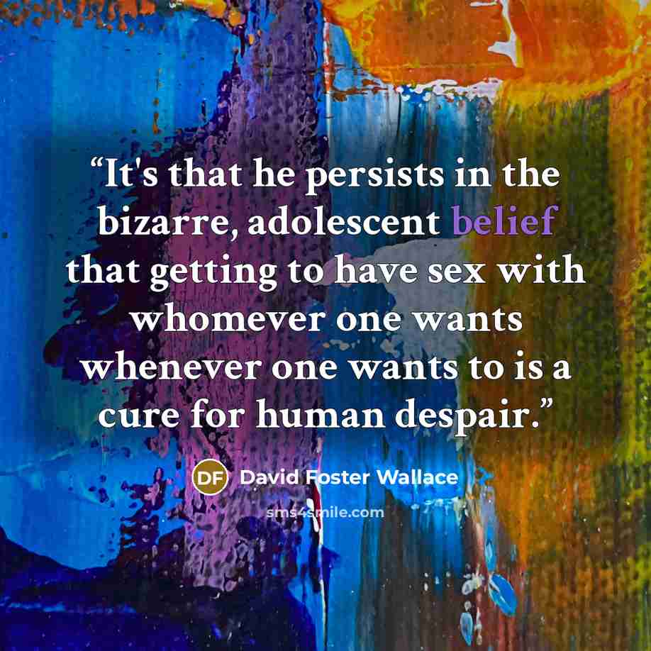 “It's that he persists in the bizarre, adolescent belief that getting to have sex with whomever one wants whenever one wants to is a cure for human despair.” quote by David Foster Wallace