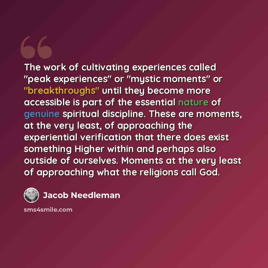 “The work of cultivating experiences called "peak experiences" or "mystic moments" or "breakthroughs" until they become more accessible is part of the essential nature of genuine spiritual discipline. These are moments, at the very least, of approaching the experiential verification that there does…” quote by Jacob Needleman