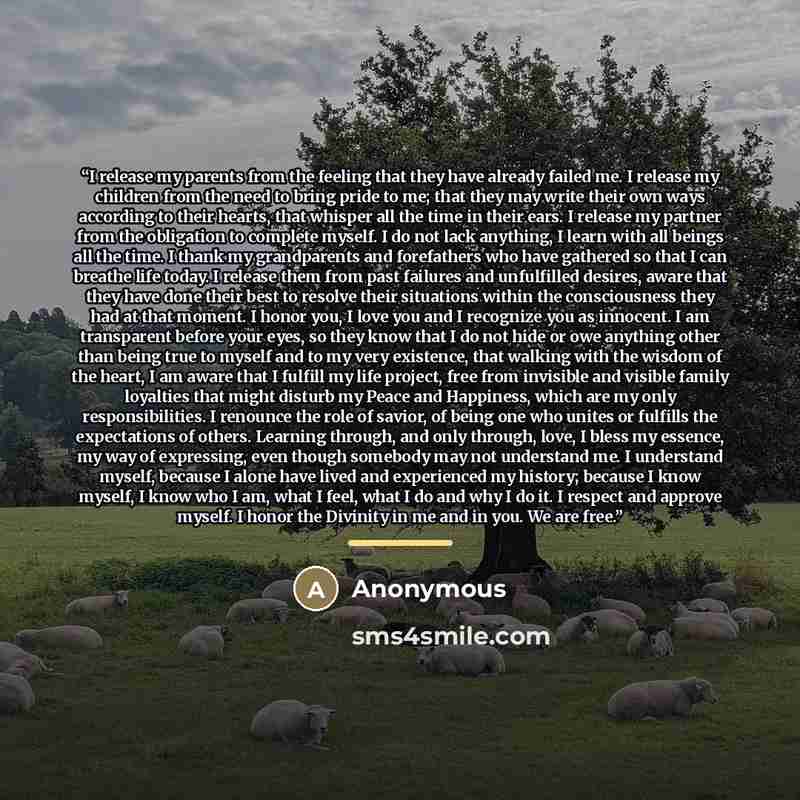 “I release my parents from the feeling that they have already failed me. I release my children from the need to bring pride to me; that they may write their own ways according to their hearts, that whisper all the time in their ears. I release my partner from the obligation to complete myself. I do…” quote by Anonymous