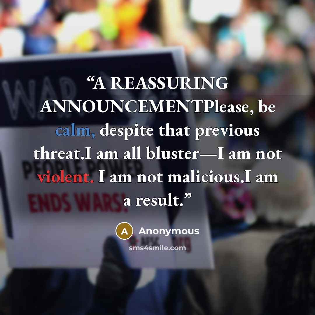 “A REASSURING ANNOUNCEMENTPlease, be calm, despite that previous threat.I am all bluster—I am not violent. I am not malicious.I am a result.” quote by Anonymous