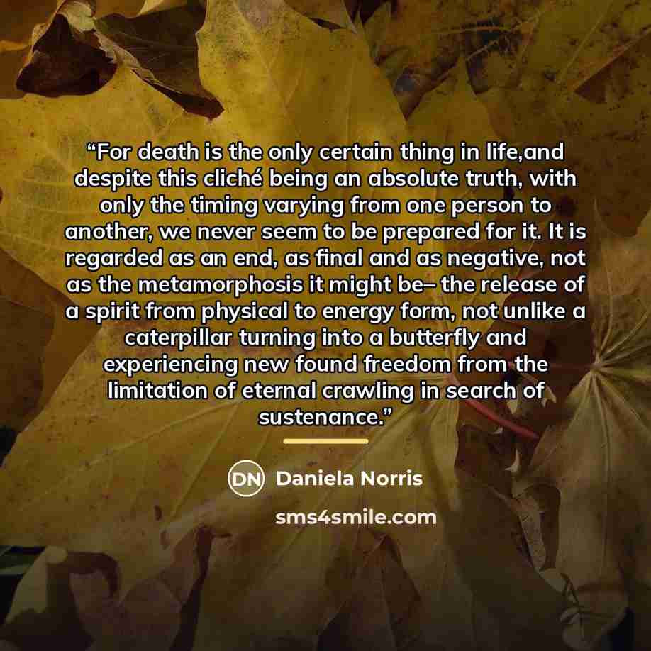 “For death is the only certain thing in life,and despite this cliché being an absolute truth, with only the timing varying from one person to another, we never seem to be prepared for it. It is regarded as an end, as final and as negative, not as the metamorphosis it might be– the release of a…” quote by Daniela Norris