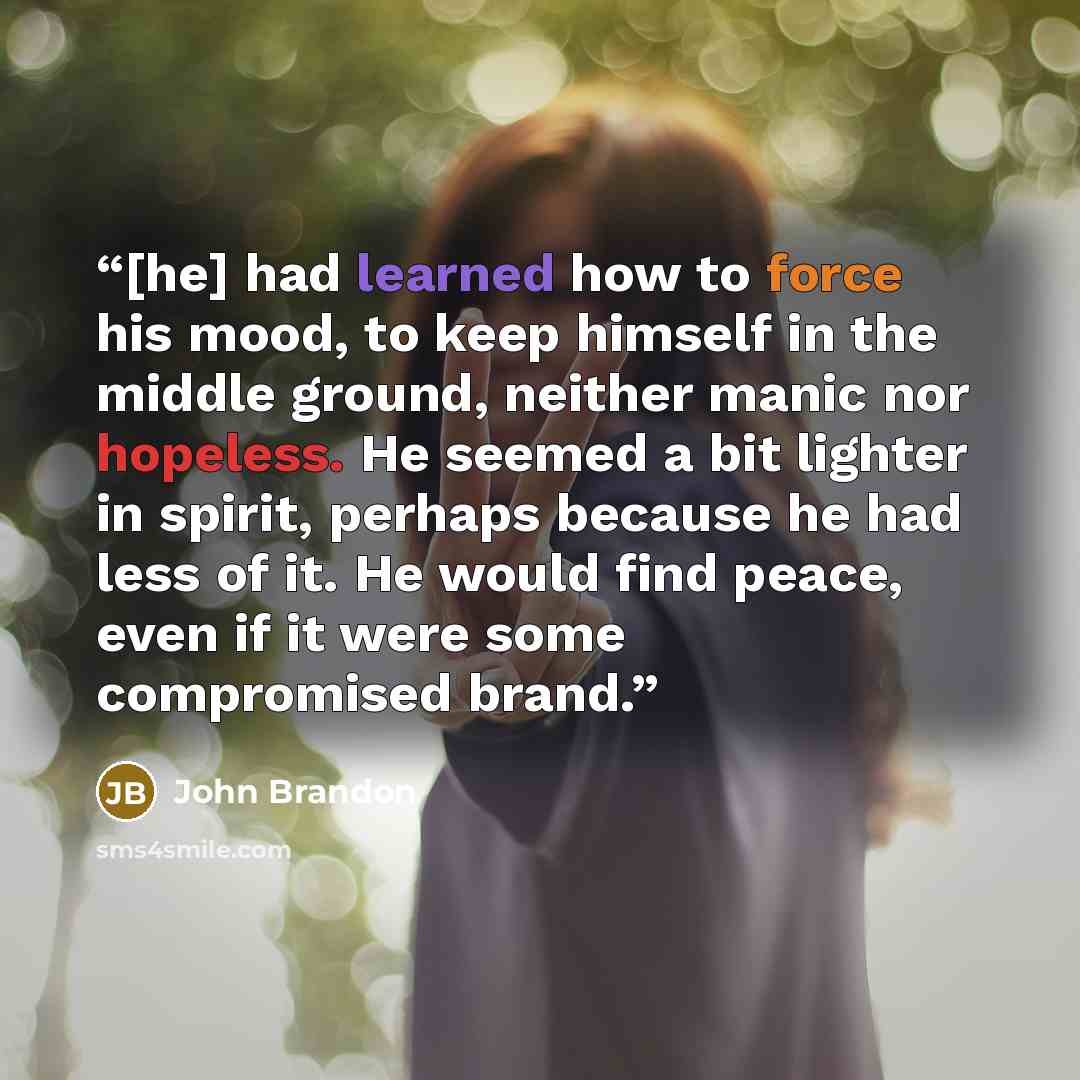 “[he] had learned how to force his mood, to keep himself in the middle ground, neither manic nor hopeless. He seemed a bit lighter in spirit, perhaps because he had less of it. He would find peace, even if it were some compromised brand.” quote by John Brandon