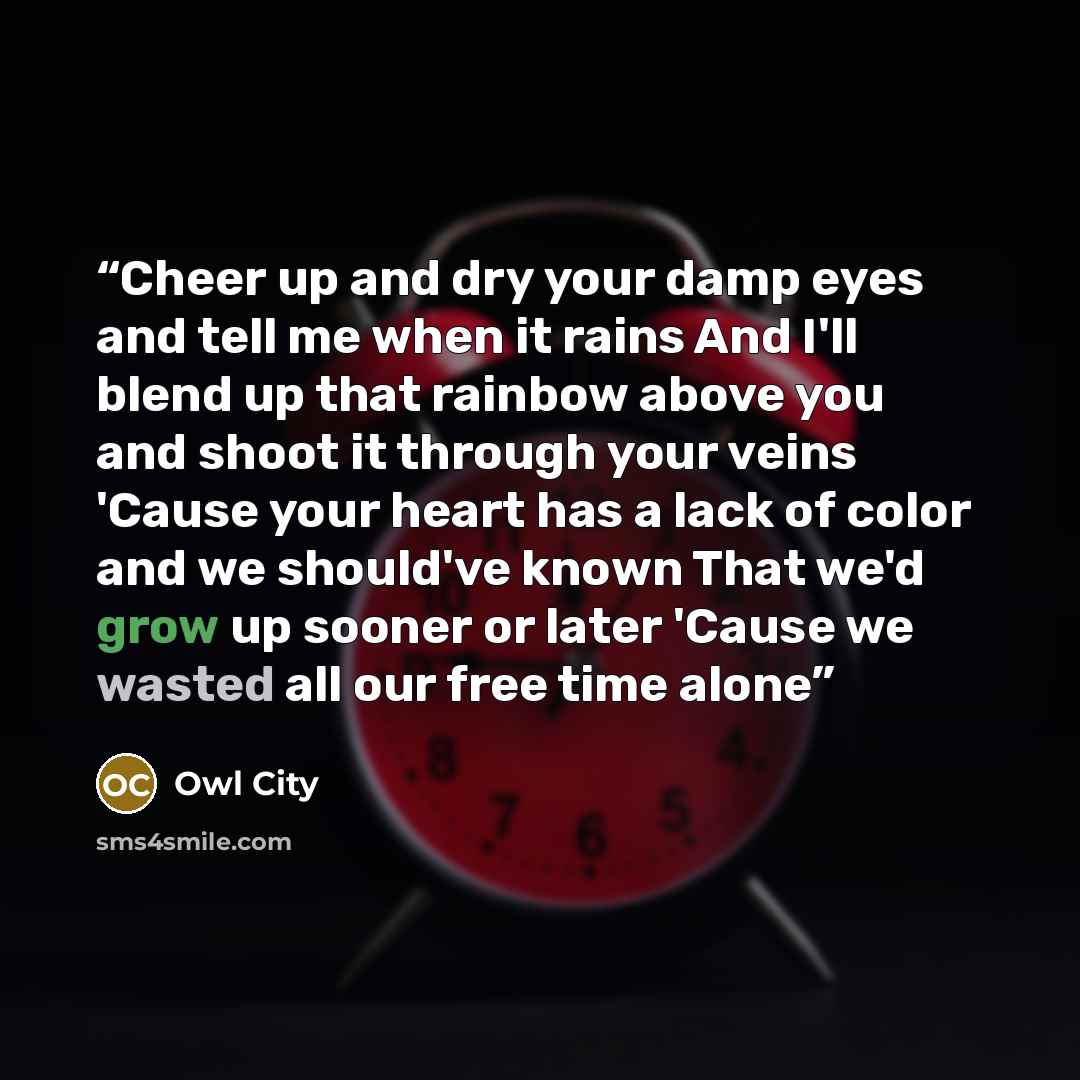 “Cheer up and dry your damp eyes and tell me when it rains And I'll blend up that rainbow above you and shoot it through your veins 'Cause your heart has a lack of color and we should've known That we'd grow up sooner or later 'Cause we wasted all our free time alone” quote by Owl City