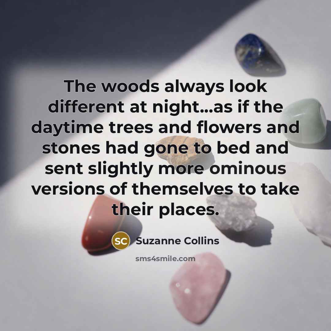 “The woods always look different at night...as if the daytime trees and flowers and stones had gone to bed and sent slightly more ominous versions of themselves to take their places.” quote by Suzanne Collins