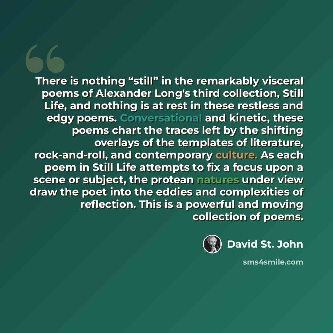 “There is nothing “still” in the remarkably visceral poems of Alexander Long's third collection, Still Life, and nothing is at rest in these restless and edgy poems. Conversational and kinetic, these poems chart the traces left by the shifting overlays of the templates of literature, rock-and-roll…” quote by David St. John