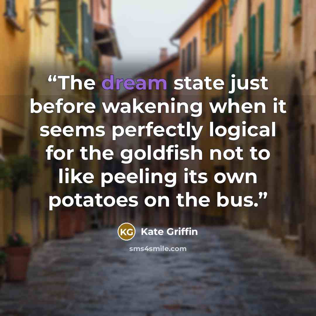 “The dream state just before wakening when it seems perfectly logical for the goldfish not to like peeling its own potatoes on the bus.” quote by Kate Griffin