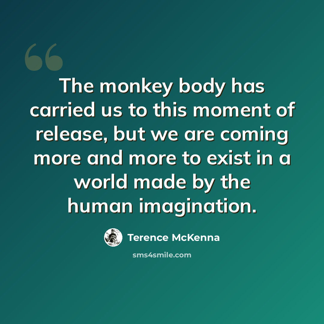 “The monkey body has carried us to this moment of release, but we are coming more and more to exist in a world made by the human imagination.” quote by Terence McKenna