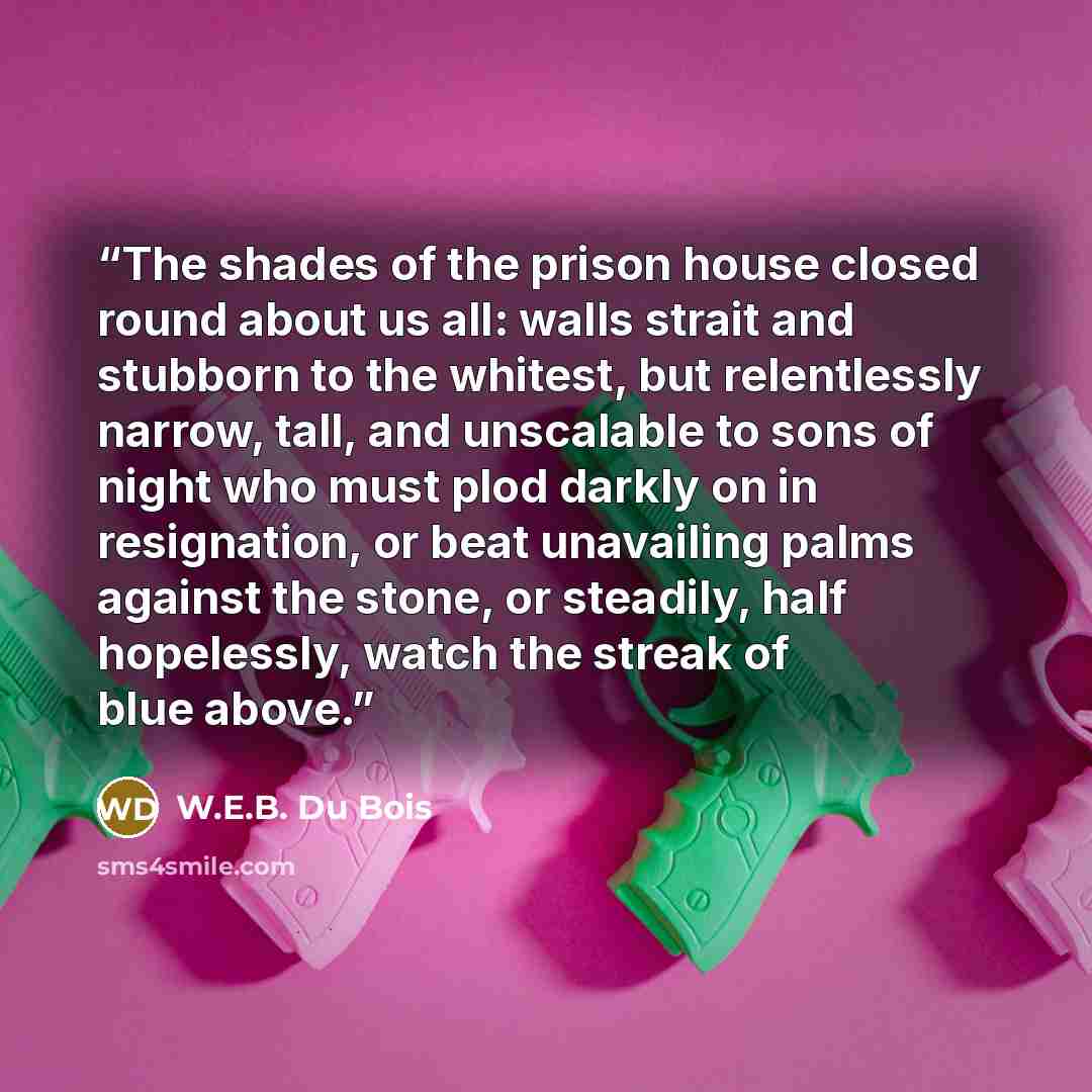 “The shades of the prison house closed round about us all: walls strait and stubborn to the whitest, but relentlessly narrow, tall, and unscalable to sons of night who must plod darkly on in resignation, or beat unavailing palms against the stone, or steadily, half hopelessly, watch the streak of…” quote by W.E.B. Du Bois