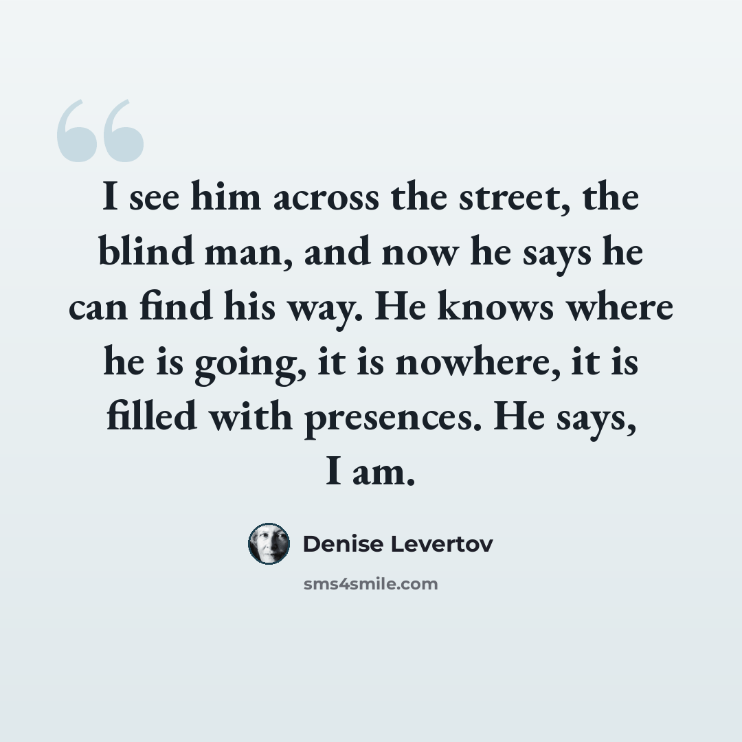 “I see him across the street, the blind man, and now he says he can find his way. He knows where he is going, it is nowhere, it is filled with presences. He says, I am.” quote by Denise Levertov