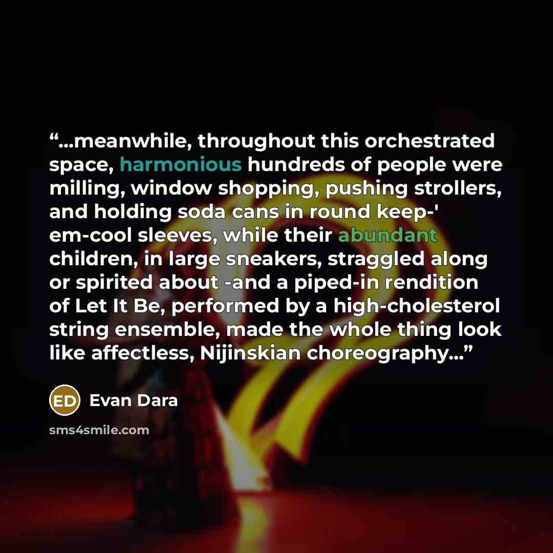 “...meanwhile, throughout this orchestrated space, harmonious hundreds of people were milling, window shopping, pushing strollers, and holding soda cans in round keep-' em-cool sleeves, while their abundant children, in large sneakers, straggled along or spir­ited about -and a piped-in rendition of…” quote by Evan Dara
