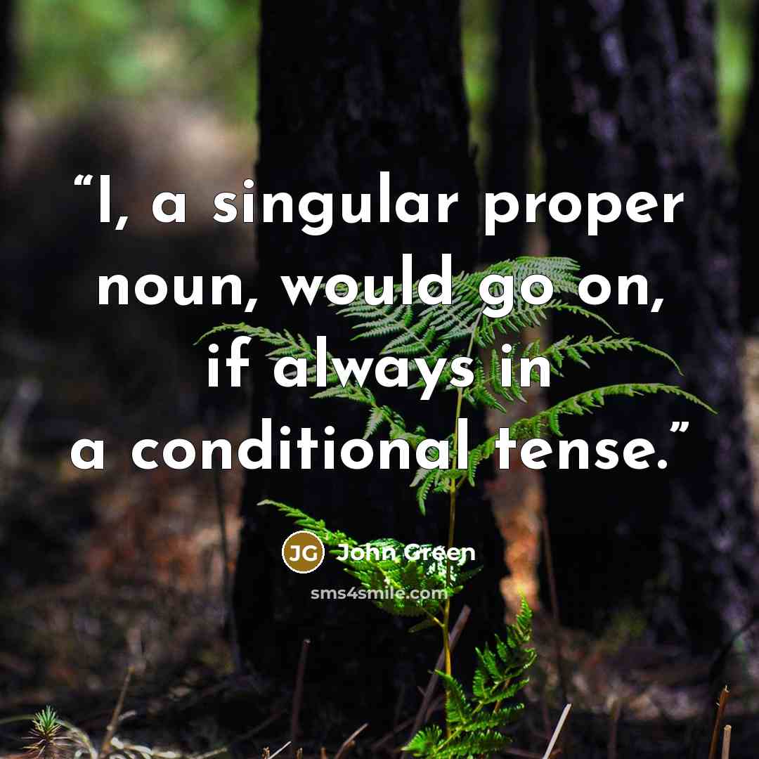 “I, a singular proper noun, would go on, if always in a conditional tense.” quote by John Green