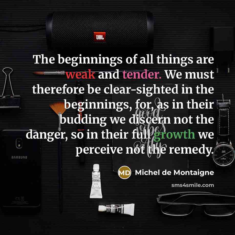 “The beginnings of all things are weak and tender. We must therefore be clear-sighted in the beginnings, for, as in their budding we discern not the danger, so in their full growth we perceive not the remedy.” quote by Michel de Montaigne