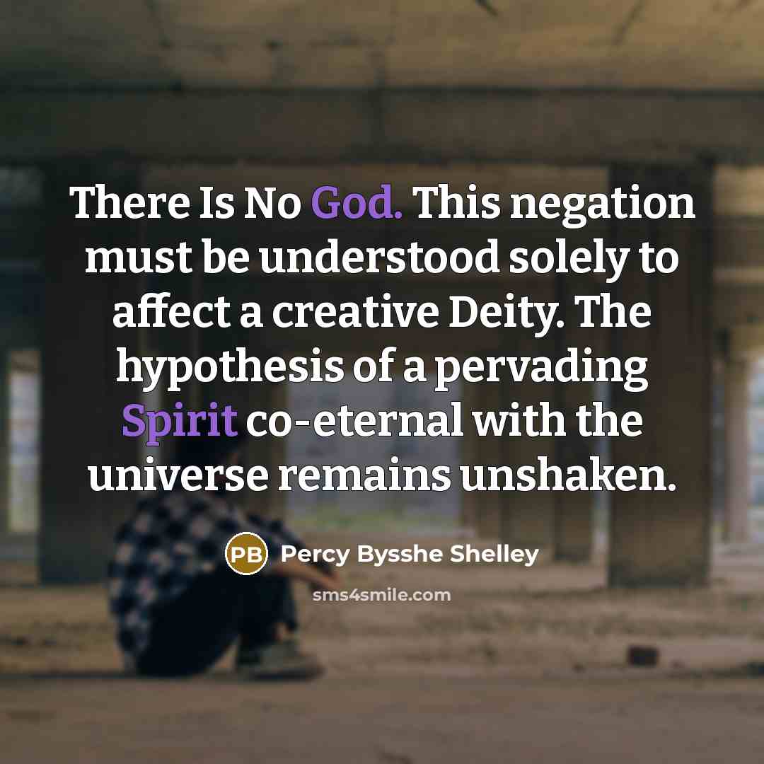 “There Is No God. This negation must be understood solely to affect a creative Deity. The hypothesis of a pervading Spirit co-eternal with the universe remains unshaken.” quote by Percy Bysshe Shelley